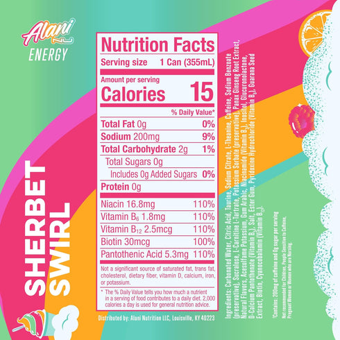 12 Oz, Alani Nu Energy Drink, Sherbet Swirl, Fl Zero Sugar, Gluten Free, Vegan, B Vitamins