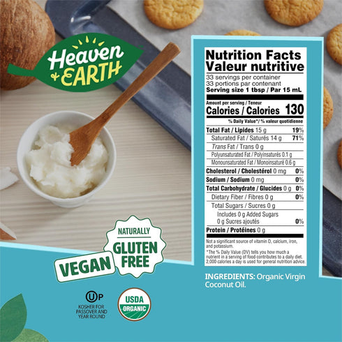 16oz Heaven & Earth USDA Organic Unrefined Virgin Coconut Oil, | Glass Jar | Cold Pressed | Coconut Oil for Cooking