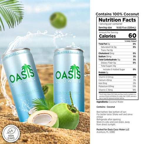 12 Pack, 100% 320 ml Oasis Coconut Water, Pure Coconut Water with Electrolytes, Natural Hydration Electrolyte Water