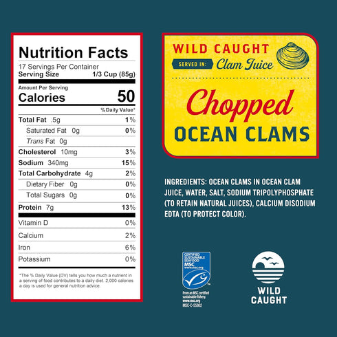 51 oz 7g 99% Snow's Ocean Chopped Clams Canned, Can - Protein per Serving - No MSG, Fat Free - Great for Pasta