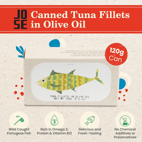 3, 125g Canned Tuna Fillets in Olive Oil by Jose Gourmet, Wild Caught Portuguese Tuna, Canned Fish in Olive Oil, Omega