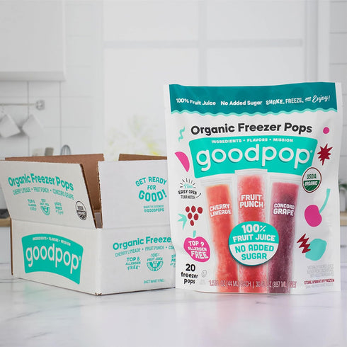 100% 20ct, GoodPop Organic Freezer Pops - Cherry Limeaide, Fruit Punch, Grape, Juice, No Added Sugar - Box