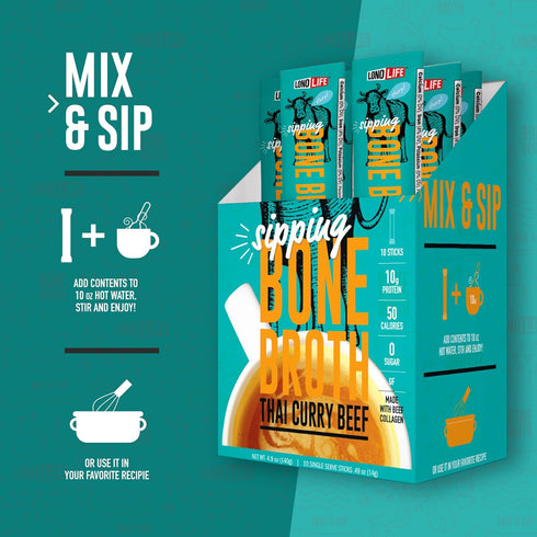LonoLife Thai Curry Beef Bone Broth Powder Mix, Grass-Fed, 10g Protein, 10 Portable Stick Pack Servings