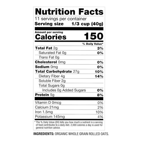 1lb Oatsome Organic Rolled Oats, Bag Gluten-Free, Whole Grain Oats for Oatmeal, Baking, & Granola