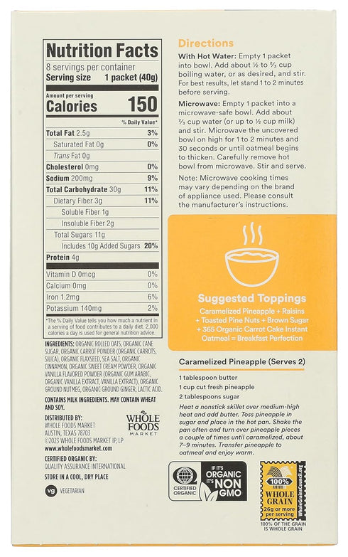 365 8 Count, 11.3 by Whole Foods Market, Organic Instant Oatmeal, Carrot Cake, Ounce