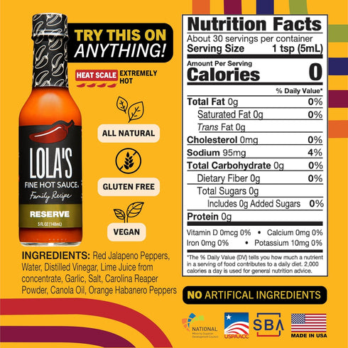 0 0g 5 Oz (Pack 1) Lolas Family Reserve Hot Sauce | Carolina Reaper & Habanero Blend | Ultra Spicy | Calories, Fat, Low