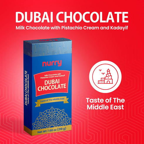 NURRY 7.68 oz 100% Dubai Chocolate - Pistachio Cream-Filled Viral Milk Chocolate Bar - Original Taste with Creamy