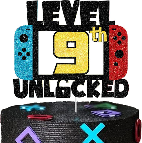 9 LEVEL UNLOCKED Birthday Cake Topper - 9th Happy Birthday Gamepad Decorations for Kids Bday Party