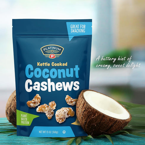 Platinum 13 oz Kettle Cooked Coconut Cashews - Plant Based Protein, Fiber, Healthy Snack - Wholesome Nutritional Boost