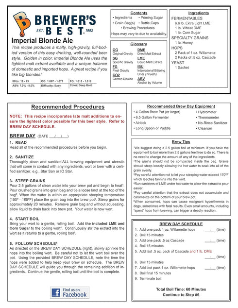 Brewer's Best Imperial Blonde Ale Homebrew Beer Ingredient Kit