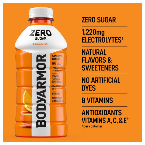 28 Oz (15 Pack), BODYARMOR ZERO Sugar Orange Electrolyte Drink, Natural Flavors, Fl Bottles B Vitamins & Antioxidants