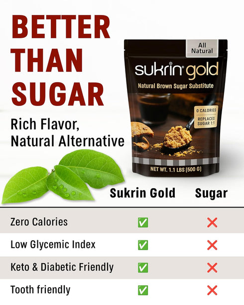 100% 1.1LB SUKRIN GOLD Natural Sugar Free Brown Sugar Substitute with Erythritol & Stevia Brown Sugar Zero Calorie
