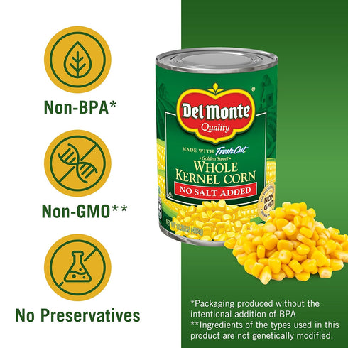 15.25 (Pack 24) Del Monte Canned Golden Sweet Whole Kernel Corn No Salt Added, Ounce of Canned Corn