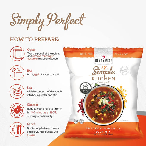 16 1 Pack READYWISE - Simple Kitchen, Chicken Tortilla Soup, Servings, MRE, Gluten Free, Food, Soup Mix, for Events