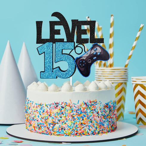 Level 15 Game Birthday Cake Topper - Video Game Boy's 15th Birthday Level Up Party Supplies - Blue Gaming Party