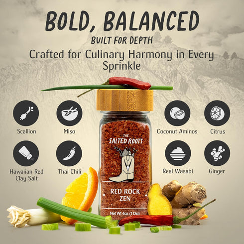 4oz The Salted Roots - Red Rock Zen Salt - Umami-Rich Gourmet Blend with Miso, Wasabi, Thai Chili & Citrus - Hawaiian