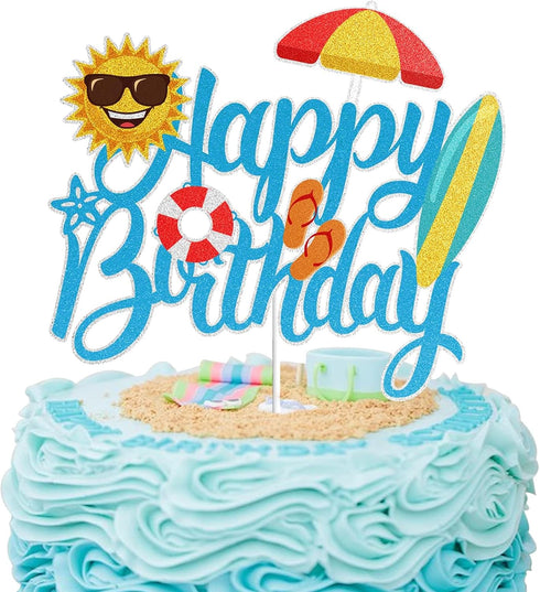 LINGBOOM Summer Beach Happy Birthday Cake Topper - Blue Glitter, 10.7*15 cm/4.2*5.9 inches for Birthday Occasion