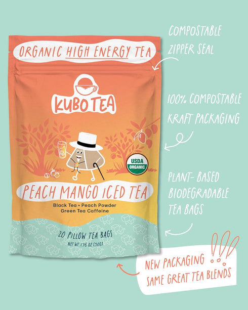 (155 20 Packaging High Caffeine Iced Tea mg) - Kubo Tea: Organic Peach Mango Black Tea Bags for Clean Energy & Focus |