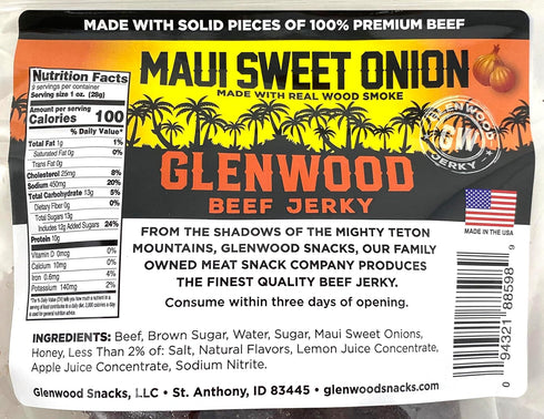 Glenwood Snacks 9 Glenwood Beef Jerky Maui Sweet Onion Ounce Resealable Bag - Moist & Tender, High-Protein Snack, Made