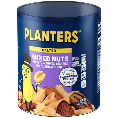 (15 oz 50% Planters Mixed Nuts Canister) - Variety Mixed Nuts with Less Than Peanuts with Peanuts, Almonds, Cashews