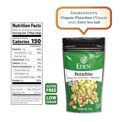4 oz Eden Organic Pistachios, Shelled, Roasted, and Misted with Sea Salt, California Grown