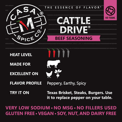 Casa M Spice Co Cattle Drive Beef Seasoning, Original, Stainless Shaker, Very Low Sodium, Gluten Free, Keto-Friendly