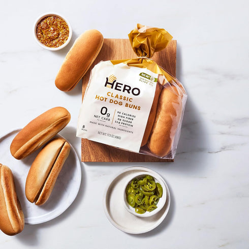 0g 0g 90 (16 Pack 2) Hero Classic Hot Dog Bun - Delicious Rolls & Net Low Carb Hot Dog Buns | High Fiber, Net Carbs