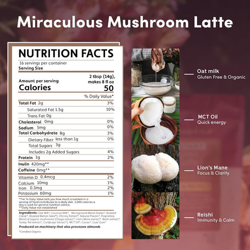 16 7.9 Miraculous Mushrooms Instant Adapt & Protect Herbal Latte By Teeccino servings - Creamy Oat & Coconut Latte
