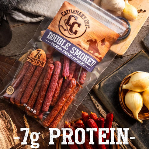 12 Cattleman's Cut Double Smoked Sausages Meat Sticks, Premium Protein Snacks, Keto Friendly, Gluten Free, Carnivore