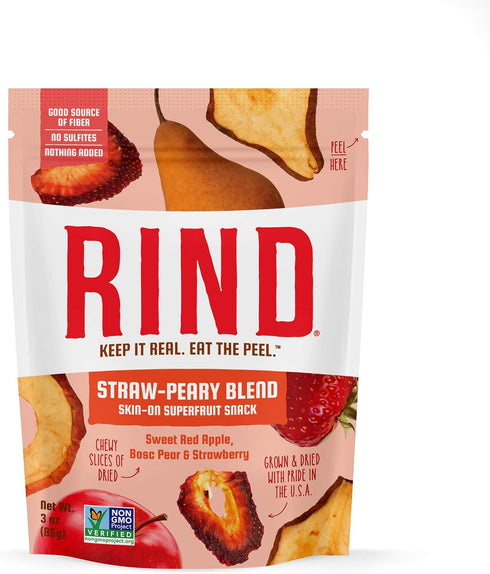 3oz Pack 6 RIND Snacks Straw-Peary Blend Sun-Dried Skin-On Non-GMO Superfruit Snack, Bag