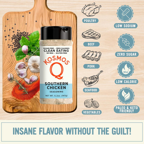 5.2 Oz Kosmos Q Southern Chicken Seasoning, All-Purpose Chicken Spice Blend with Garlic, Basil & Thyme, Sugar Free