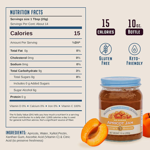 10oz Nature's Hollow Apricot Jam: Sugar Free Jam and Preserves, Low Cal, Non GMO, Keto Jam, Vegan, Gluten Free