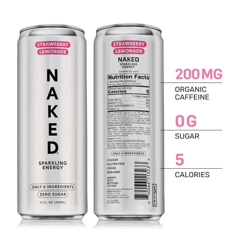 12oz (Pack 12) Naked Sparkling Energy Drink - Strawberry Lemonade, Organic Caffeine, Organic Lemon Juice, Zero Sugar