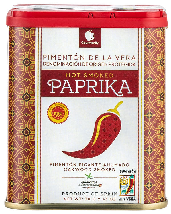 Gourmanity Spanish Hot Paprika Powder Tin, Premium Oak Wood Smoked Seasoning, 2.5 oz
