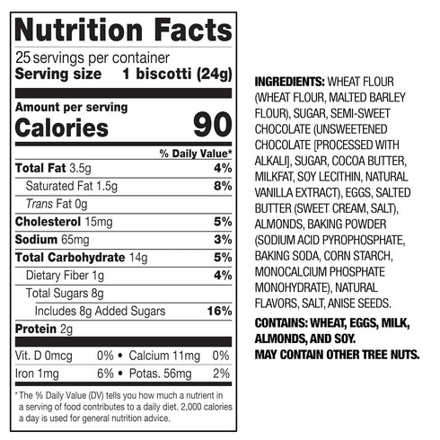 21.5 oz Nonni's Cioccolati Dark Chocolate Almond Biscotti Cookies Individually Wrapped Italian Coffee Snack, Crunchy