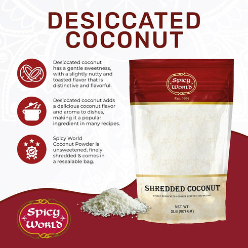 Spicy World Shredded Coconut Powder 2 Pound Bulk Bag (Desiccated Coconut) - Unsweetened & Finely Shredded Powdered - Great for Baking, Smoothies and More!