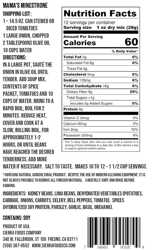 SIERRA SOUP 12-Ounce (Pack 6) s Mama Sorrenti's Minestrone, Bags