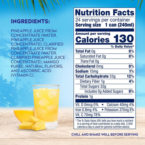 100% 100% Packaging 8.0 Oz (Pack 24) Dole Pineapple Mango Juice, No Added Sugar, Excellent Source of Vitamin C, Fruit