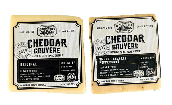 Generic Cheddar and Gruyere Original and Smoked Cracked Peppercorn Cheese Blend, Gourmet Artisan