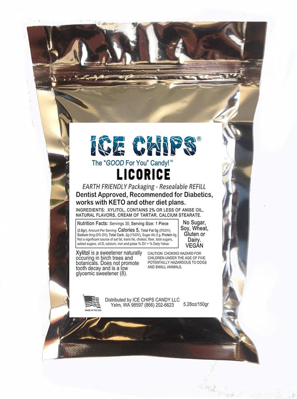 ICE CHIPS Xylitol Candy, Large 5.28 oz Resealable Pouch, Low Carb & Gluten Free (Licorice)