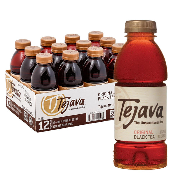 Tejava Original Unsweetened Black Iced Tea, 12 Pack, 16.9oz PET Bottles, Non-GMO,