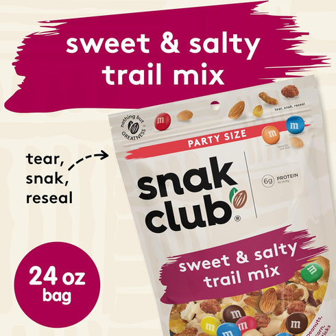 24 oz Snak Club Sweet and Salty Trail Mix with Peanuts, Butter Toffee Peanuts, M&M'S Chocolate Candies, Toasted Corn