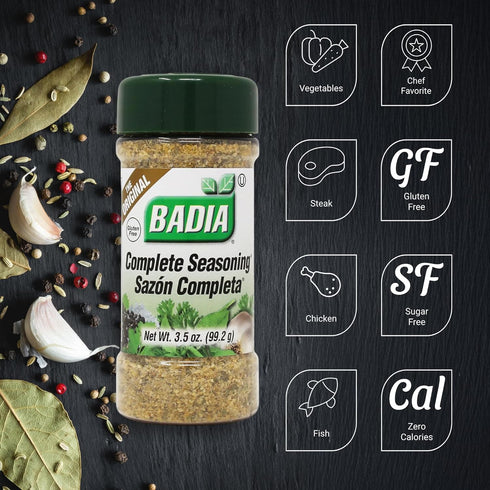 3.5 oz Badia Complete Seasoning, - All-Purpose Spice Blend of Garlic, Onion, Salt, Pepper, Herbs & Spices - Savory