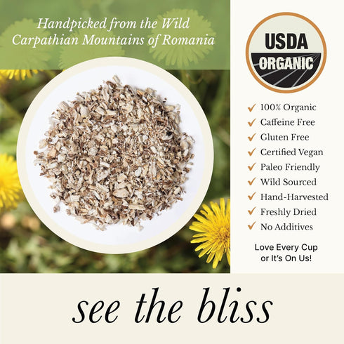 75 Wild Bliss Organic Wild Raw Dandelion Root Tea - Pharmacopoeia Quality Caffeine Free Herbal Detox Support - Plant