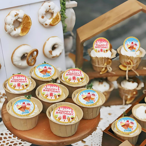 40 Pack Edible Ice Cream Cupcake Toppers - Ercadio Birthday Party Decorations for Kids Summer Theme