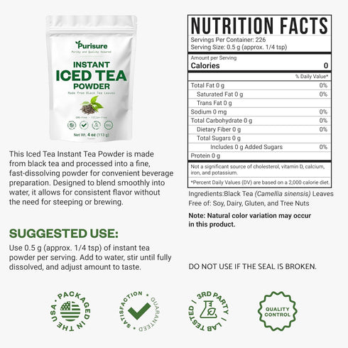220 4 oz Purisure Unsweetened Instant Black Iced Tea Powder Made from Real Tea Leaves, No Lemon Flavor, Sugarless