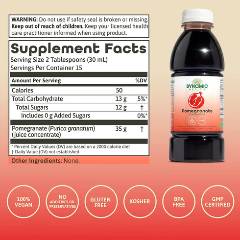 16oz Dynamic Health Pomegranate Juice Concentrate, Natural Antioxidants and Polyphenols, No Additives or Preservatives