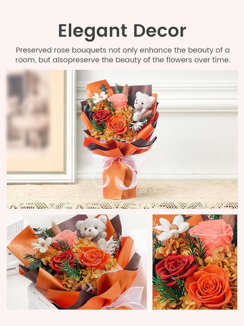 Polylove Mother Day Gift Forever Flowers Bouquet Preserved Roses with Bear Gift Box for Wife Anniversary Birthday