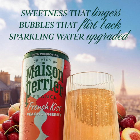 24Pk Maison Perrier French Kiss Sweetened Sparkling Juice Beverage, Peach & Cherry Flavors With Real Fruit Juices