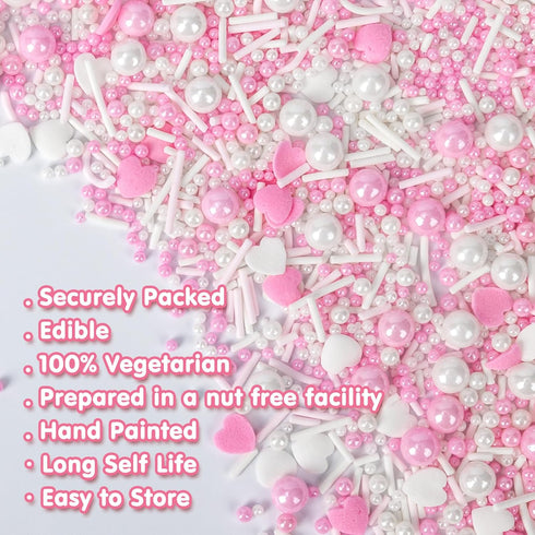 Jimmies 130g/4.58oz,Baking Edible Heart Sprinkles for Cake Decorating,White Pink Pearl Sugar Mix Size Candy
